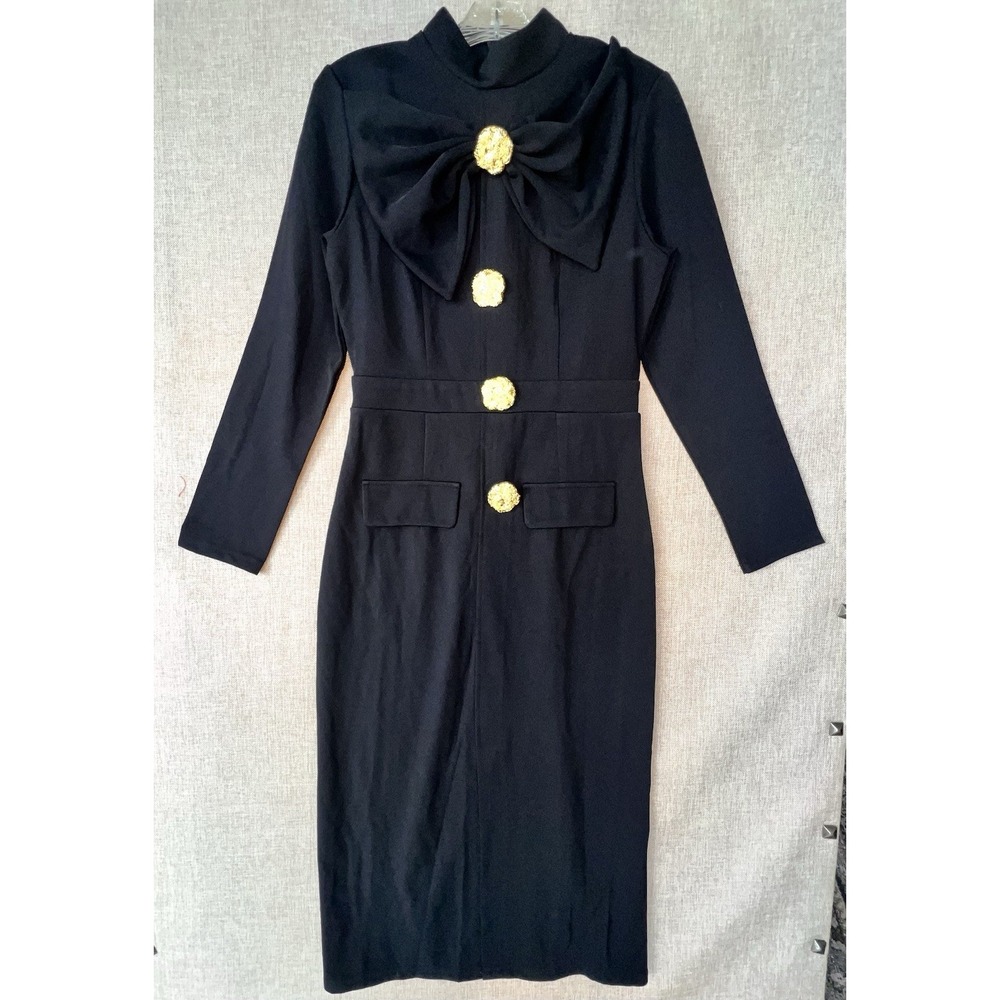 DALIA MACPHEE Black Midi Dress Gold Button Oversized Bow Mock Neck Long Sleeve M - Picture 6 of 10